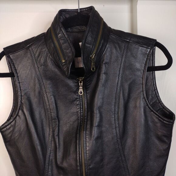 Nordstrom Black Leather Moto Full Zip Vest Zip Pockets Womens Size S Lined Biker - Picture 2 of 8